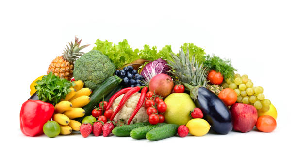 variety healthy fruits, vegetables, berries isolated on white background.